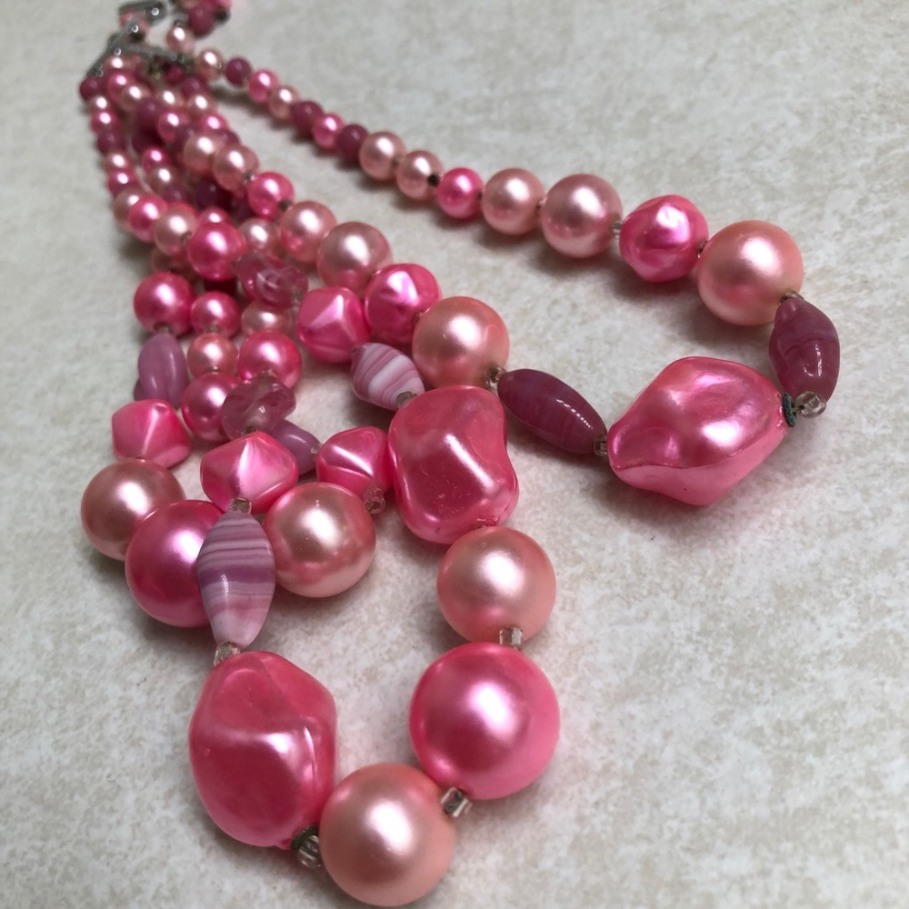 Vintage pink beaded three strand necklaces